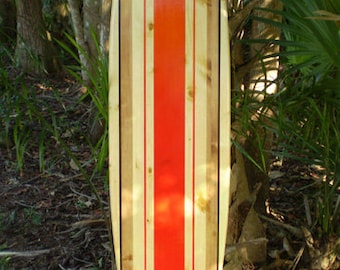 Red Stripe Classic Surfboard Wall Art & Decor | Customizable | Wood Surfboard Decor, Beach House Decor, Coastal Decor, Decorative Surfboard