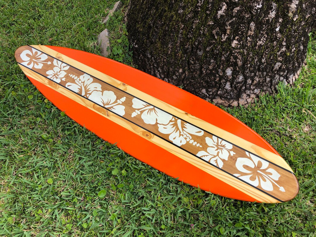 Orange and Hibiscus Wooden Surfboard Wall Art and Home Decor