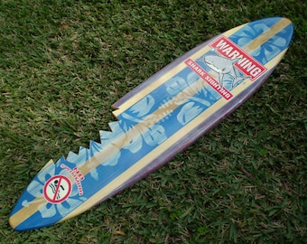 Vertical Blue Shark Bite Vintage Distressed Style Surfboard Wooden Wall Art & Decor | Customizable | Surfboard Decor, Beach House Decor