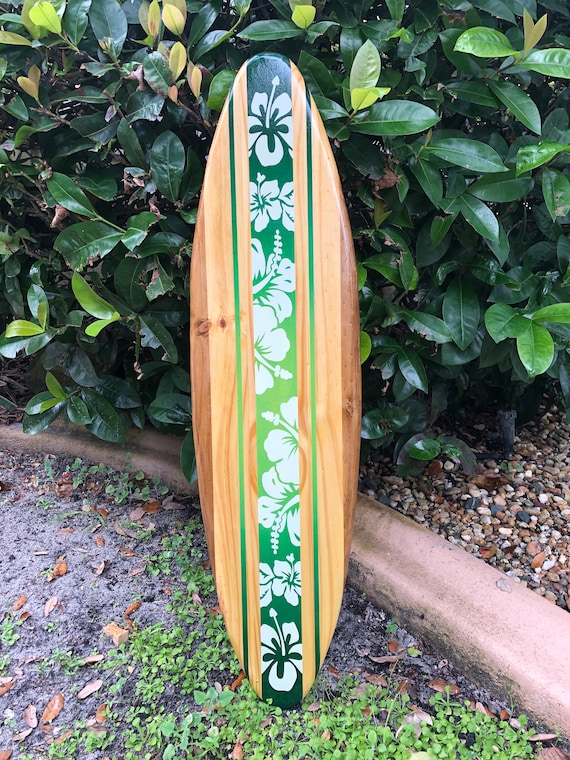 Green Tropical Hibiscus Solid Wood Surfboard Wall Art