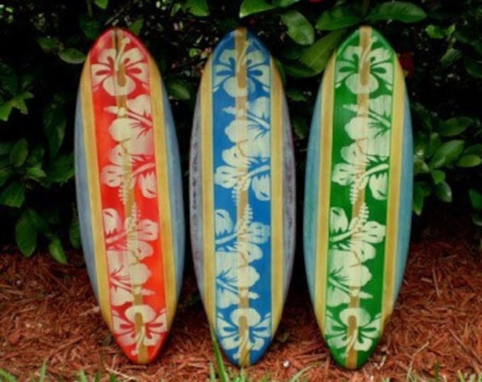 Featured listing image: Tricolor Set of 3 Vintage Style Distressed Surfboards Wall Art & Decor | Customizable | Wood Surfboard Decor, Beach House Decor, Coastal