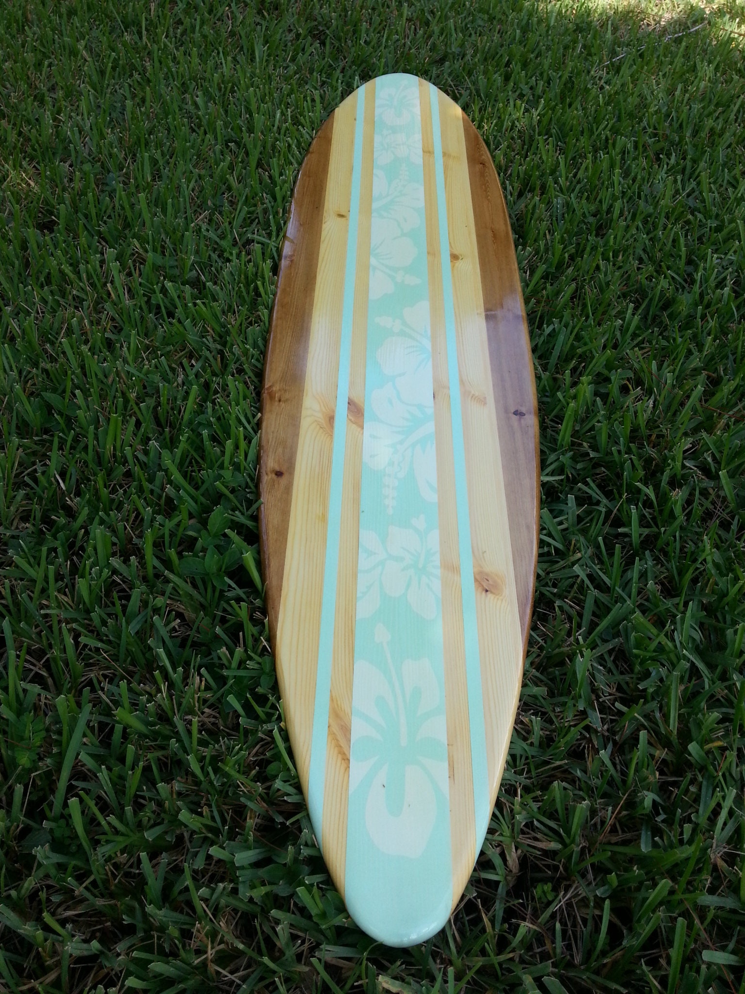 Tropical Teal Classic Wooden Surfboard Decor w/ White Hibiscus Flower