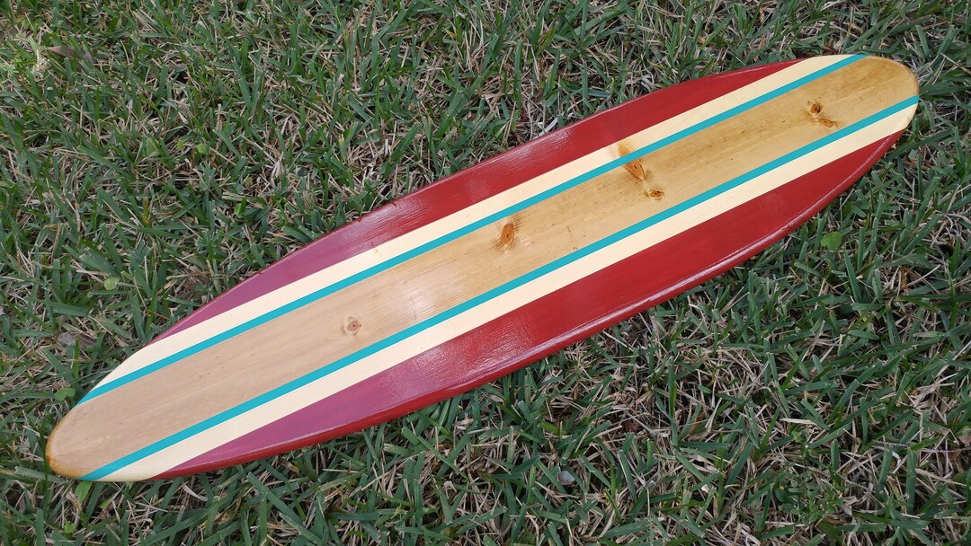 Deep Red and Teal Surfboard Wood Wall Art & Decor Customizable