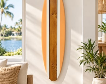 Cuadro decorativo de pared con forma de tabla de surf de madera de melón de Malibú / Decoración naranja para casa de playa costera, tapiz náutico de surf