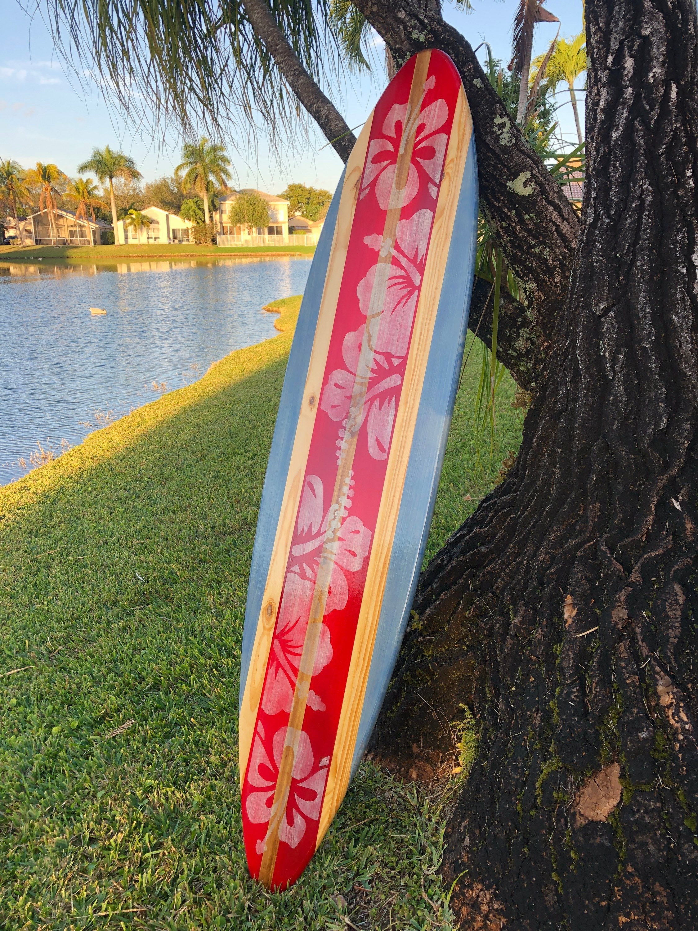 5 Flower Special- Red Wooden Surfboard Wall Art Home Decor- Beach Vibes  Handmade