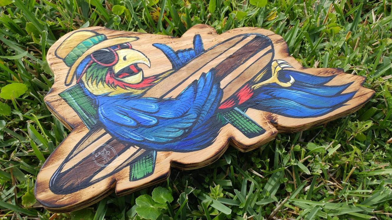 Surfer parrot wood cutout painting original jshine hang 10 artwork