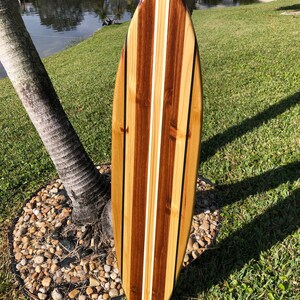 Op de afbeelding: Een houten surfboard met een bruin, wit en zwart gestreept ontwerp. Het surfboard leunt tegen een boomstam.