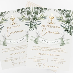 Mi Primera Comunion Minha Primeira Comunhão em Espanhol e Inglês Convite para Meninos Plantas Pombas Verdes Pão Vinho - Canva Editável (Download em PDF)