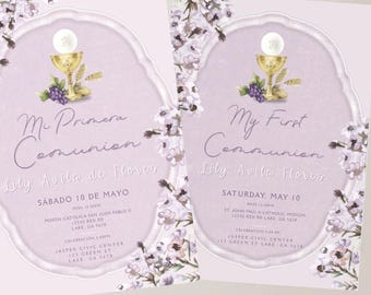 Mi Primera Comunion My First Communion Spanish & English Niña Girl Invitation Invitación Purple Flowers Pink - Editable Canva (PDF Download)