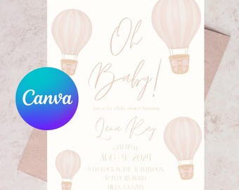 Oh Baby Pink White Striped Hot Air Balloon Baby Shower Invitation Girl Baby Shower Invite Digital Invitation - Editable Canva (PDF Download)