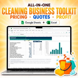 May include: A laptop screen displays a cleaning business toolkit spreadsheet with a dashboard showing revenue, profit, and job data. The text reads ALL-IN-ONE CLEANING BUSINESS TOOLKIT PRICING QUOTES PROFIT, Google Sheets + Excel, and includes a cleaning bucket icon.