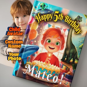 May include: A personalized children's birthday book cover with the text "Happy 5th Birthday" and the name "Mateo!". The cover features a cartoon boy, a dinosaur, a whale, and an alien in a spaceship. The book is held by a child.
