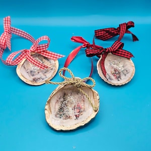 Vintage Christmas Seashell Ornaments  Decoupaged Oyster Shell Holiday Decor with ribbon bows
