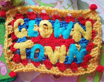 clown town crochet banner colourful wall hanging