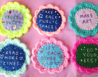 Hand Embroidered and Crochet Patch Bright Fun Positive
