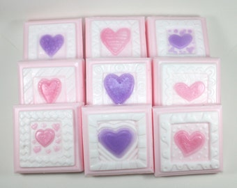 9 Valentine Soaps - Valentines Day, Valentines Day Party, School Valentines, party favor, heart soaps, quilt soaps, stamp soaps