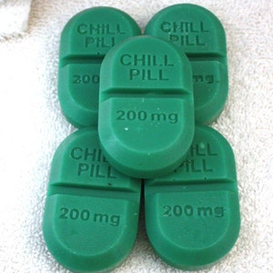 May include: Five green pill-shaped soap bars with the words "Chill Pill" and "200 mg" embossed on them.