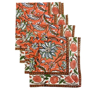 Peach & Berry Blue Floral Hand Block Print Cotton Napkin Set - Reusable Cloth Table Napkins for Dinner Parties, Weddings, Events, Home Decor