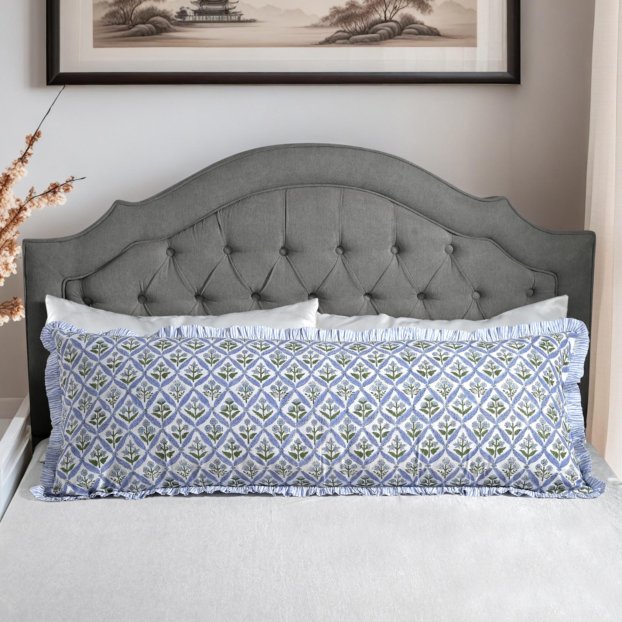20x54 Long Lumbar Pillow Cover Floral Cotton Sham with Ruffle Hand Block Print Cushion for Bed Couch Bench Back Support Boho Farmhouse Decor