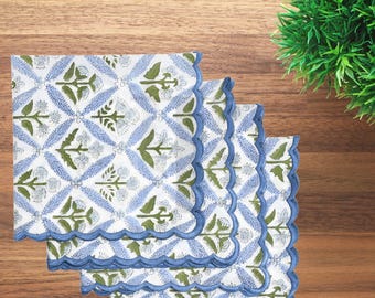 Light steel blue Embroidered Scallop Hand Block Print Napkin Set– Reusable cotton table linen for weddings, Dinner parties, Home decor