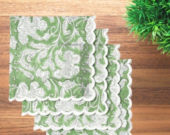 Sage Green Embroidered Scallop Hand Block Print Napkin Set– Reusable cotton table linen for weddings, Events, Dinner parties, kitchen, Gifts