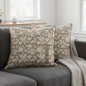 Oak Brown Floral Cotton Pillow Cover– Hand Block Print Cushion with Flap & Piping, Boho Farmhouse Throw Pillowcase for Couch, Sofa, Bed Gift