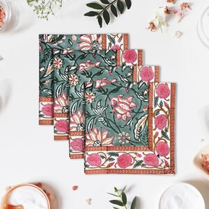 Viridian green Floral Hand Block Print Napkin Reusable cotton table linen for Dinner parties Wedding, Event Home Decor Gift for Her