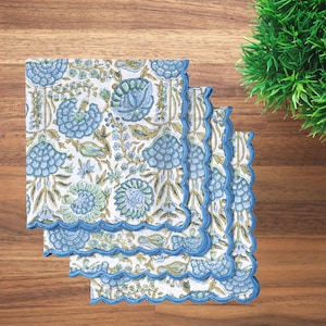 Asparagus Green Embroidered Scallop Hand Block Print Napkin – Reusable cotton table linen for weddings, Dinner parties, kitchen, Home decor