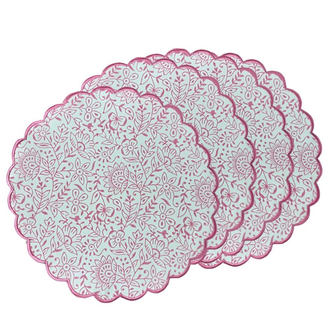 Hand Block Printed Rose Pink Round Placemats – Cotton Floral Mats With ...