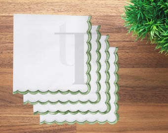 Cotton White Napkins with Green Embroidered Scallop Edge – Elegant Coastal Table Linen for Wedding, Dinner Parties, Dining & Home Decor