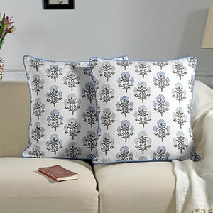 Mughal Butta Blue Floral Cotton Pillow Cover– Hand Block Print Cushion with Flap & Piping, Boho Farmhouse Throw Pillowcase for Sofa