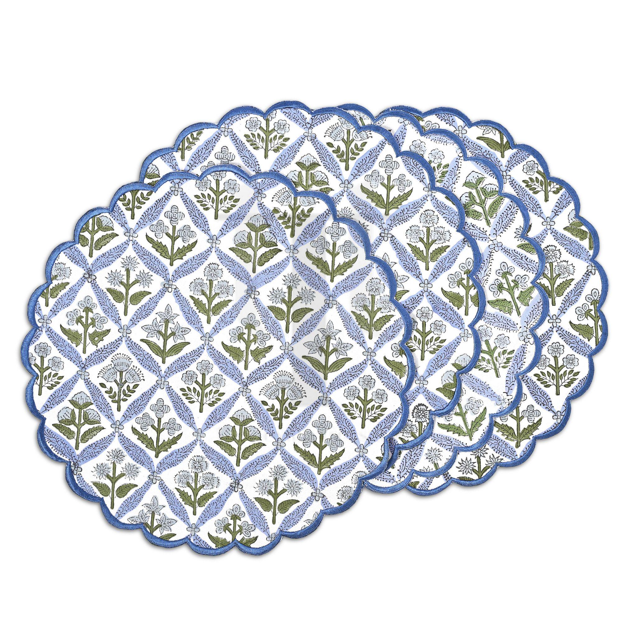 Tovagliette rotonde smerlate blu acciaio chiaro - Tovagliette in cotone con stampa floreale a mano, arredamento da cucina in stile boho-country-country.