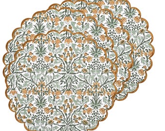 Goldenrod Yellow Scalloped Round Placemats – Hand Block Printed Cotton Floral Table Mats, Boho Farmhouse Cottagecore Kitchen Decor, Gift