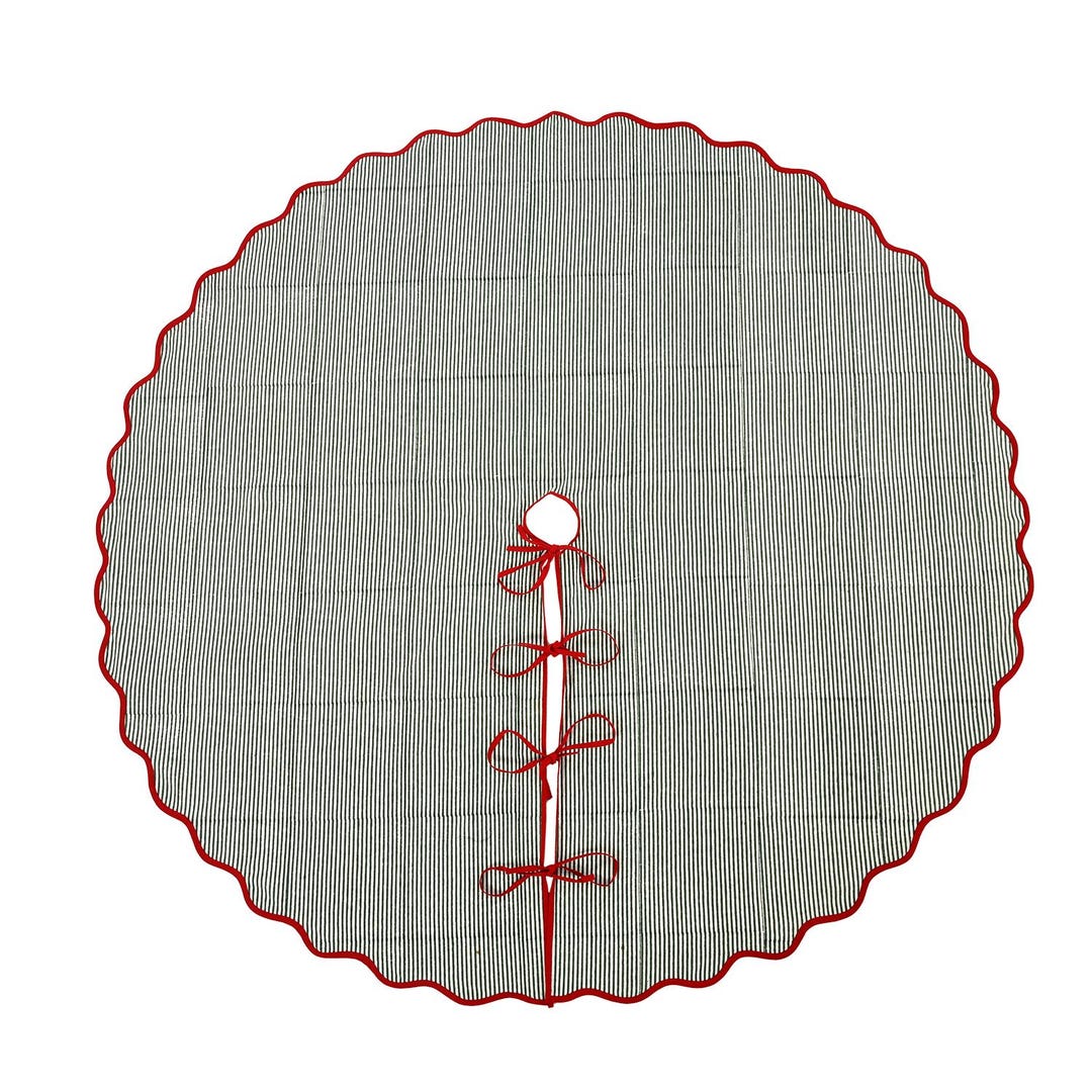 Green Stripes Cotton Christmas Tree Skirt With Red Scalloped Piping & Tie Closure Holiday Decor Rustic Boho Farmhouse, Festive Xmas, Gift - Etsy