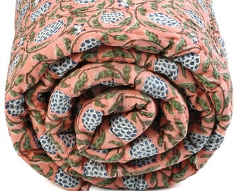Reversible Dark Salmon Pink Cotton Quilt – Hand Block Print Kantha Blanket, Lightweight Boho Throw, Indian Floral Bedding, Farmhouse Decor