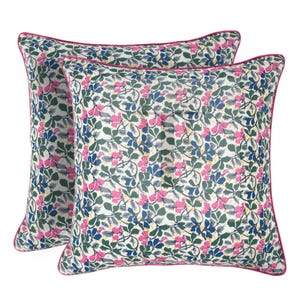 Pink Blue  Floral Cotton Pillow Cover – Hand Block Print Cushion with Zipper & Piping, Boho Farmhouse Throw Pillowcase for Sofa, Bed Gift