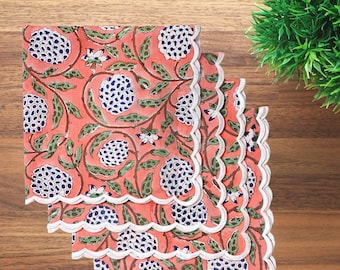 Dark Salmon Pink Embroidered Scallop Hand Block Print Napkin Set– Reusable cotton table linen for weddings, Dinner parties, Home decor