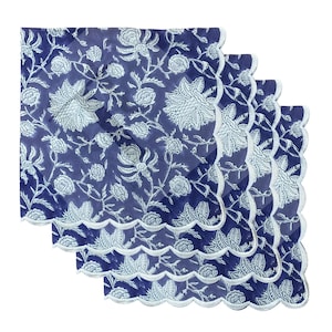 Prussian Blue Embroidered Scallop Hand Block Print Napkin Set, Reusable cotton table linen for weddings, Dinner parties, Home decor, Gifts