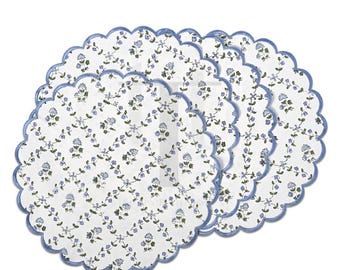 Tovagliette rotonde smerlate blu polvere – Tovagliette in cotone con stampa floreale a mano, arredamento da cucina in stile boho-country-country.