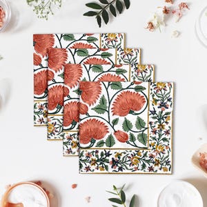 Coral & Turquoise Green Floral Hand Block Print Napkin Reusable cotton table linen for Dinner parties Wedding, Event Home Decor Gift for Her