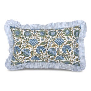 12x20 Asparagus Green Floral Ruffle Lumbar Pillow Cover, Hand-Block Print Cotton Decorative Sham for Couch, Bed, Wedding, Gift, Farmhouse