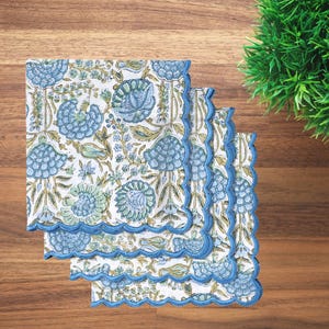 TTT- Indian Floral Hand Block Print Cotton Embroidered Scallop Napkin Set, Reusable table linen for weddings, Dinner parties, and Home Decor
