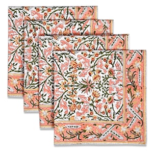 Sassy Salmon & Emerald Green Floral Hand Block Print Cotton Napkin Set Reusable Cloth Table Napkins for Dinner Parties, Weddings, Home Decor