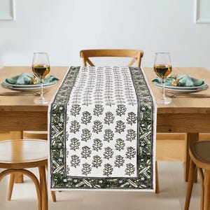 Evergreen Grace Hand Block Printed Cotton Table Runner, Reusable Indian Dining Linen for Weddings, Kitchen Home Décor Dinner Party, Washable