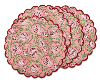 Tovagliette rotonde smerlate rosa fragola - Tovagliette in cotone con stampa floreale a mano, stile boho, stile cottage, decorazione da cucina
