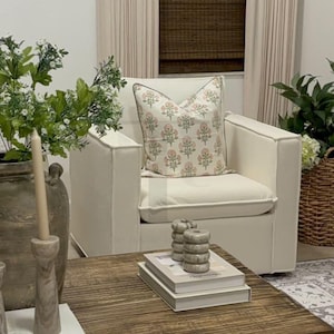 Peach Floral Cotton Pillow Cover– Hand Block Print Cushion with Flap & Piping, Boho Farmhouse Throw Pillowcase for Sofa, Bed, Giftable Decor