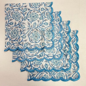 Dusty Blue Hand Block Printed Scallop Napkin –Embroidered Cotton Dinner Napkin Reusable Boho Table Linen for Weddings & Home Décor, Gifting