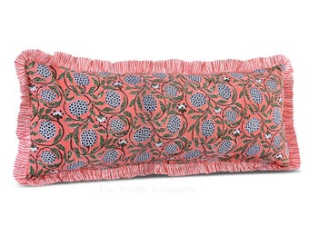 14X36 Long Lumbar Pillow Cover Dark Salmon Pink Floral Ruffle Cotton Sham for Back Support, Side Sleeping, Couch, Bench, Farmhouse Decor