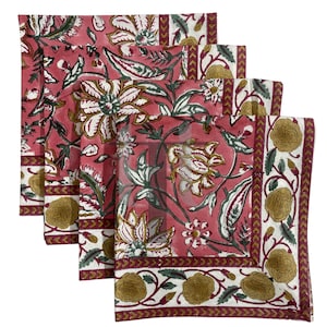 Candy Pink Block Print Cotton Border Napkins Set, Reusable Table Linen for Dinner Garden Parties, Weddings, Events, Entertain Bridal Shower
