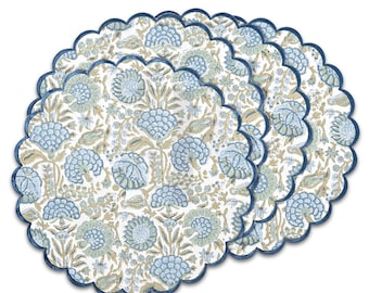 Tovagliette rotonde smerlate verde asparago - Tovagliette in cotone con stampa floreale a mano, stile boho, stile cottagecore.